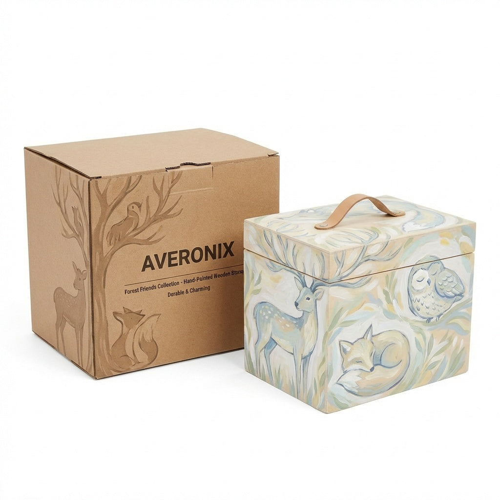 AVERONIX Forest Friends Hand‑Painted Wooden Storage Box with Lid
