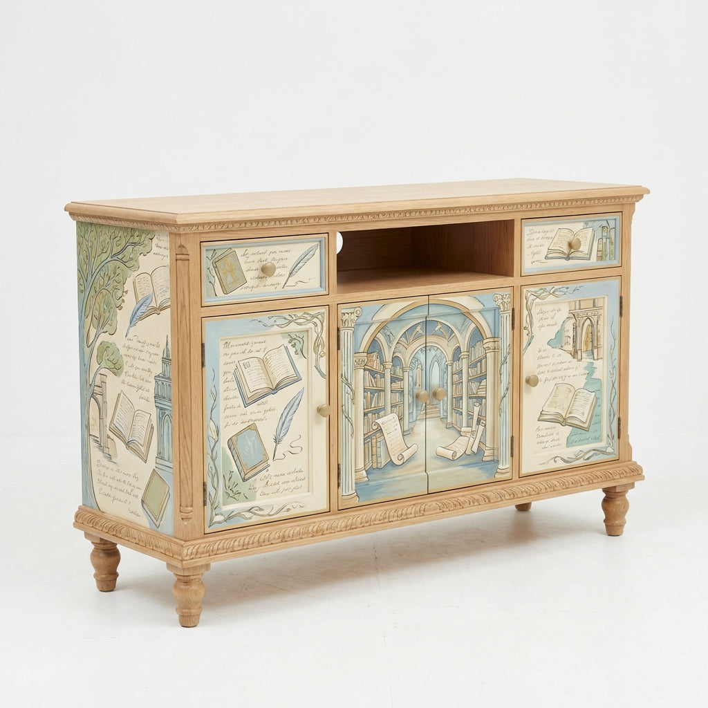 Library-Themed Hand-Painted Accent Cabinet