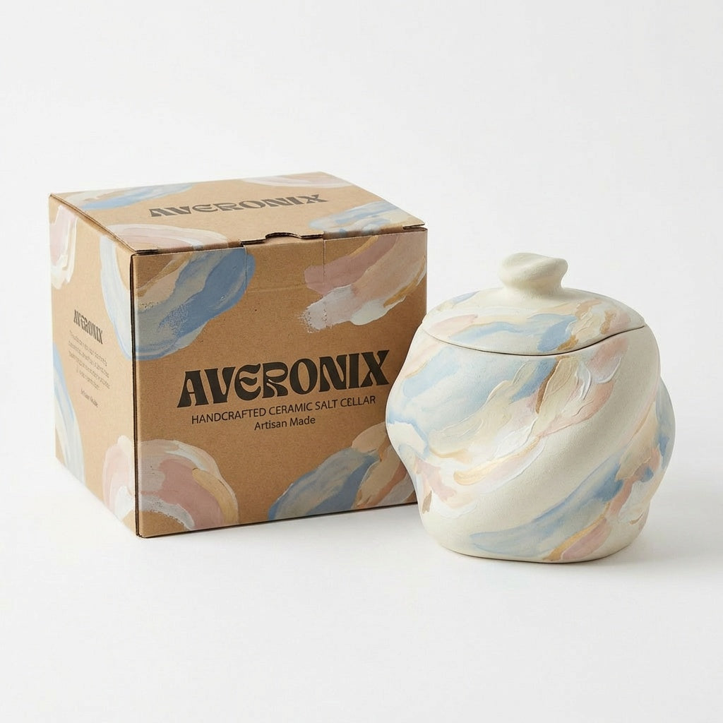 Marble-Swirl Handmade Ceramic Salt Cellar with Lid