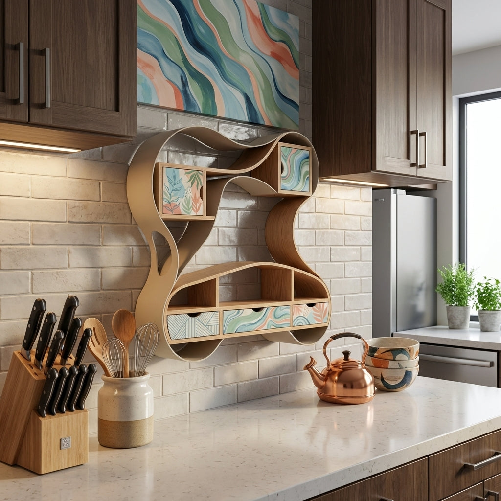 AVERONIX Organic-Form Wood Storage Shelf with Patterned Drawers