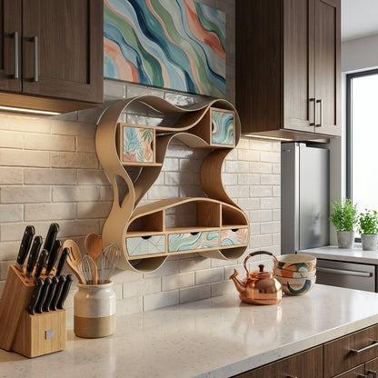 AVERONIX Organic-Form Wood Storage Shelf with Patterned Drawers