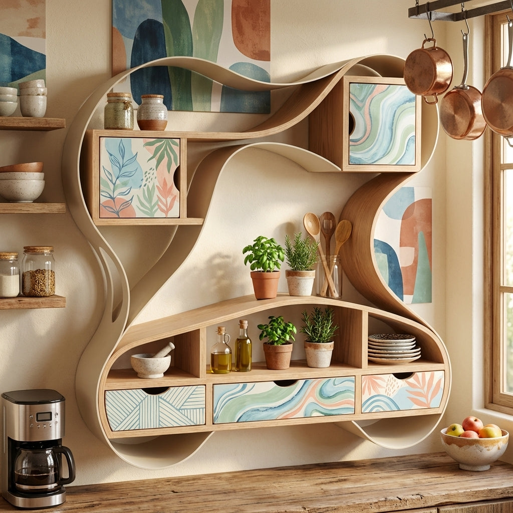 AVERONIX Organic-Form Wood Storage Shelf with Patterned Drawers