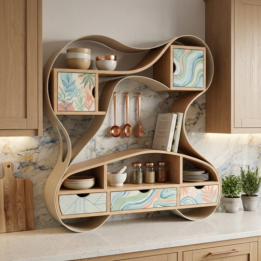 AVERONIX Organic-Form Wood Storage Shelf with Patterned Drawers