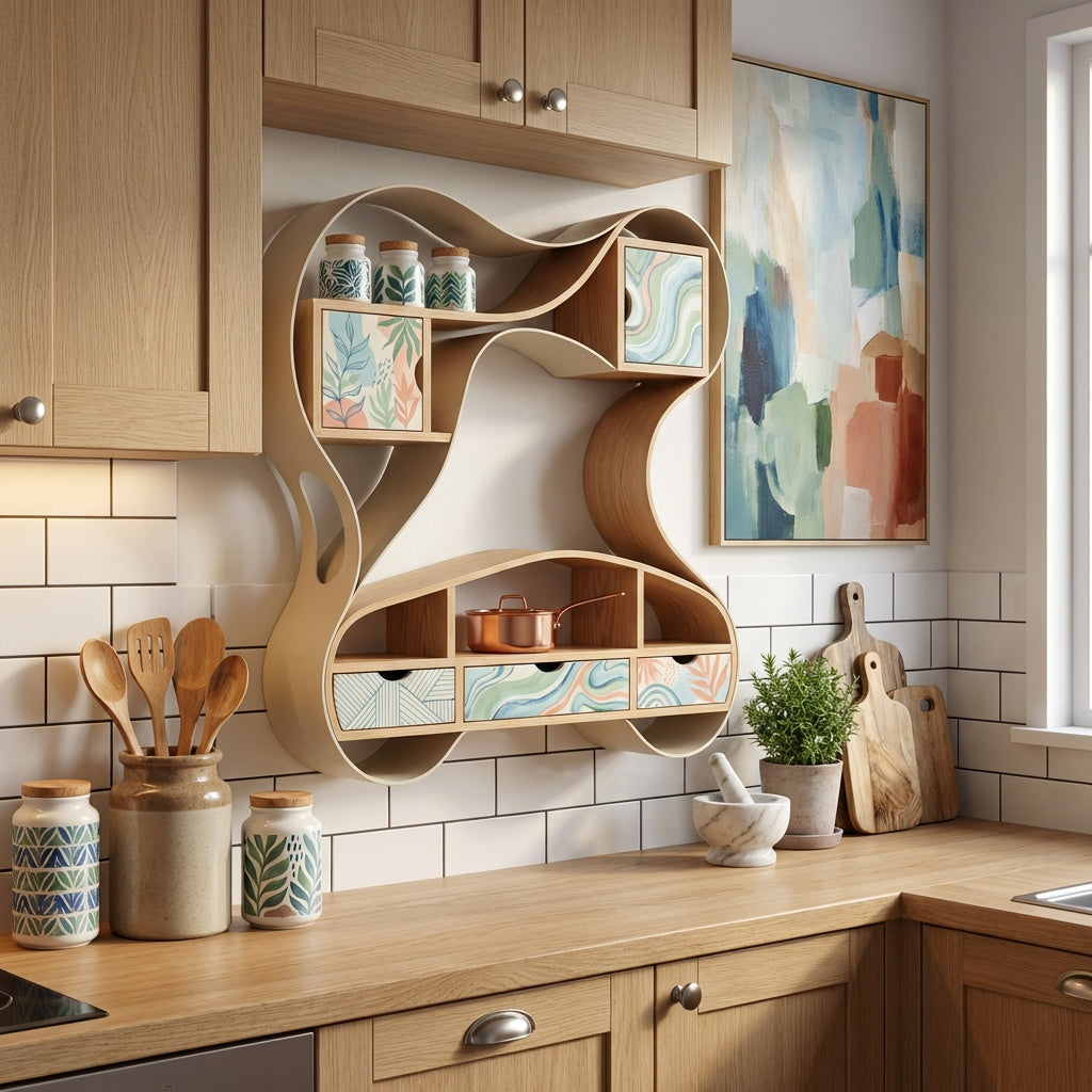 AVERONIX Organic-Form Wood Storage Shelf with Patterned Drawers