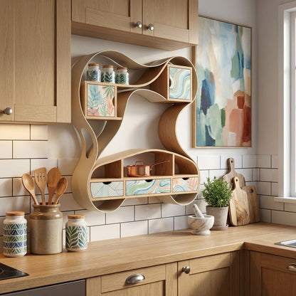 AVERONIX Organic-Form Wood Storage Shelf with Patterned Drawers