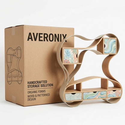 AVERONIX Organic-Form Wood Storage Shelf with Patterned Drawers