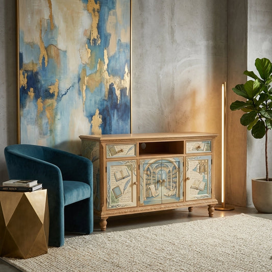 Library-Themed Hand-Painted Accent Cabinet
