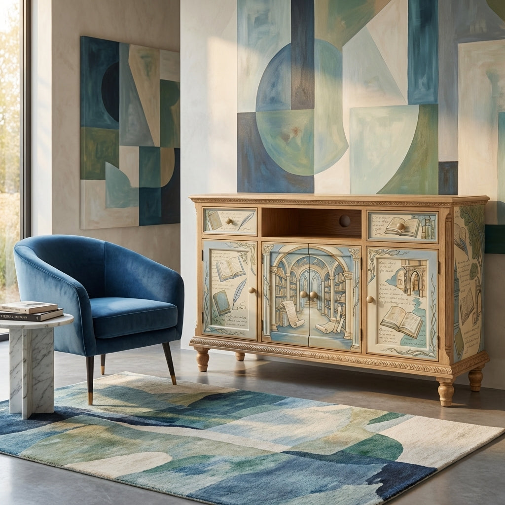 Library-Themed Hand-Painted Accent Cabinet
