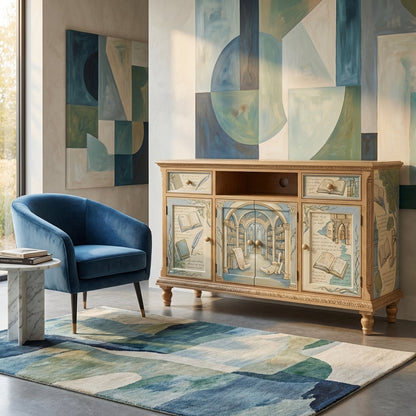 Library-Themed Hand-Painted Accent Cabinet