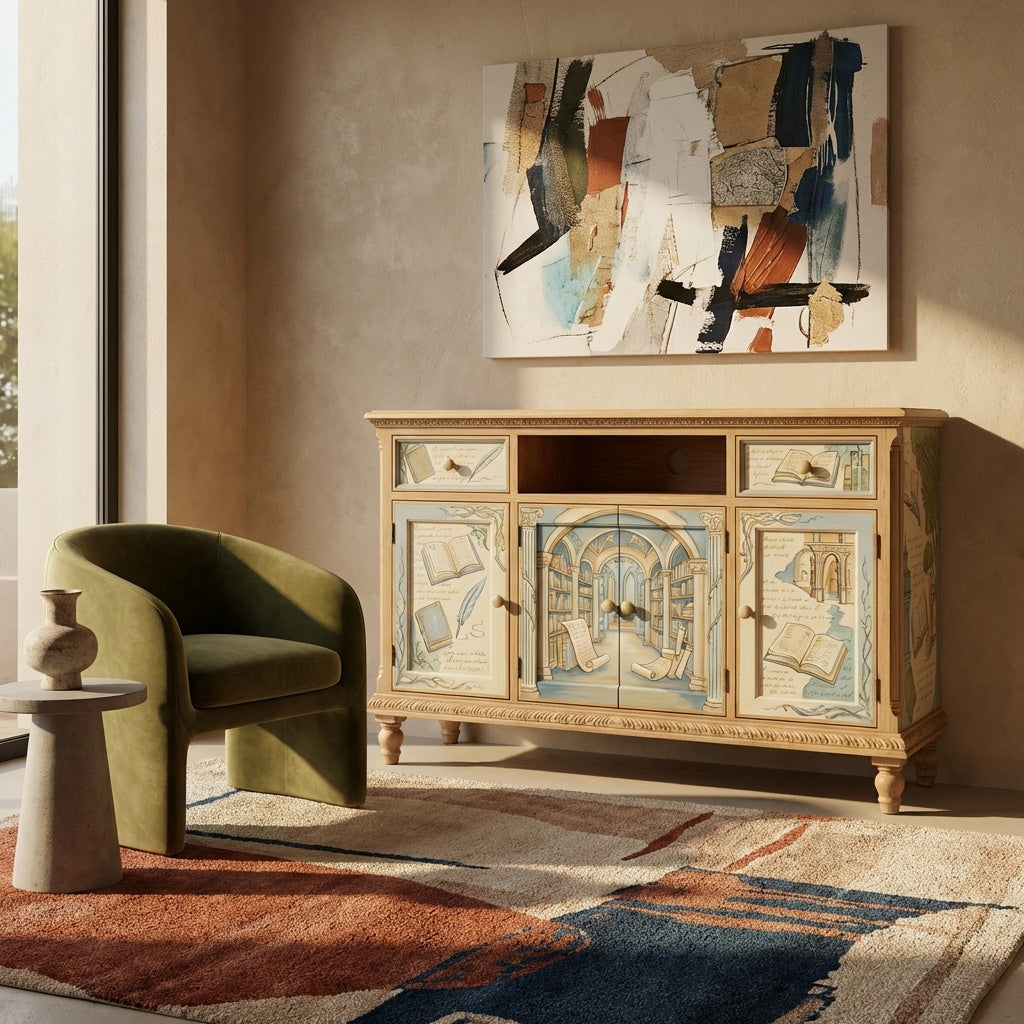 Library-Themed Hand-Painted Accent Cabinet