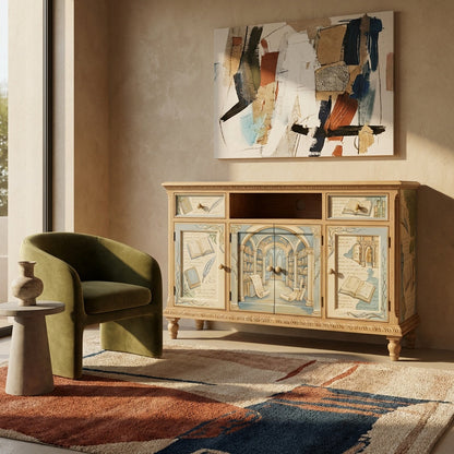 Library-Themed Hand-Painted Accent Cabinet