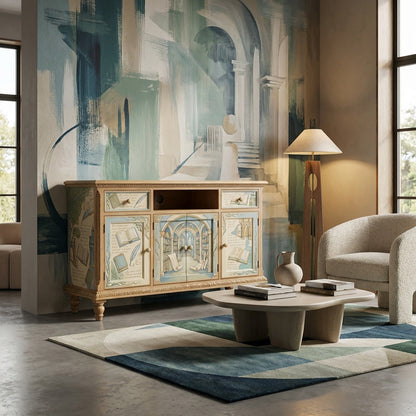 Library-Themed Hand-Painted Accent Cabinet