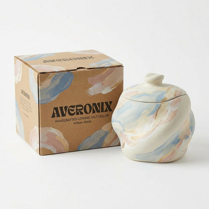 Marble-Swirl Handmade Ceramic Salt Cellar with Lid