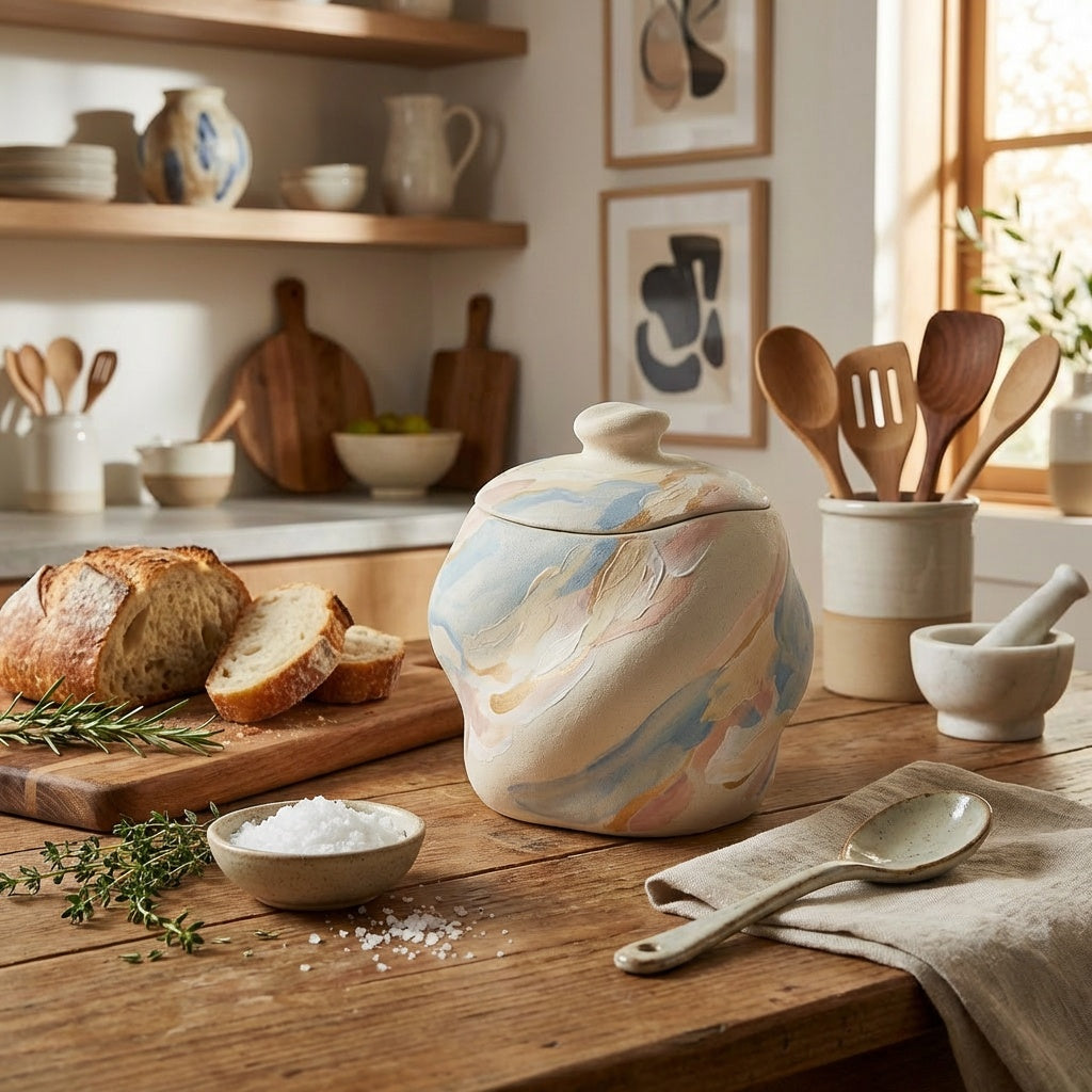 Marble-Swirl Handmade Ceramic Salt Cellar with Lid