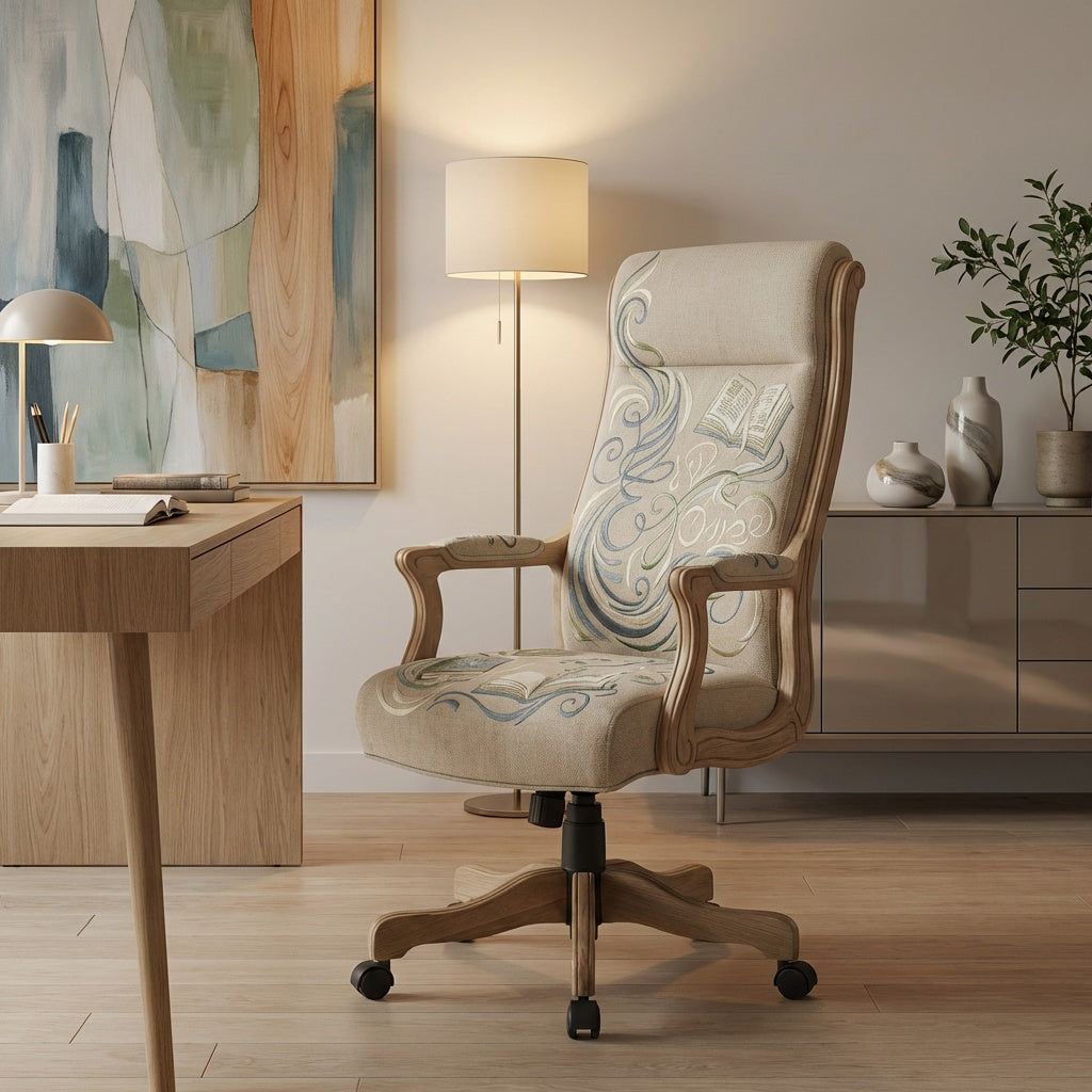 Library-Motif Upholstered Executive Swivel Chair